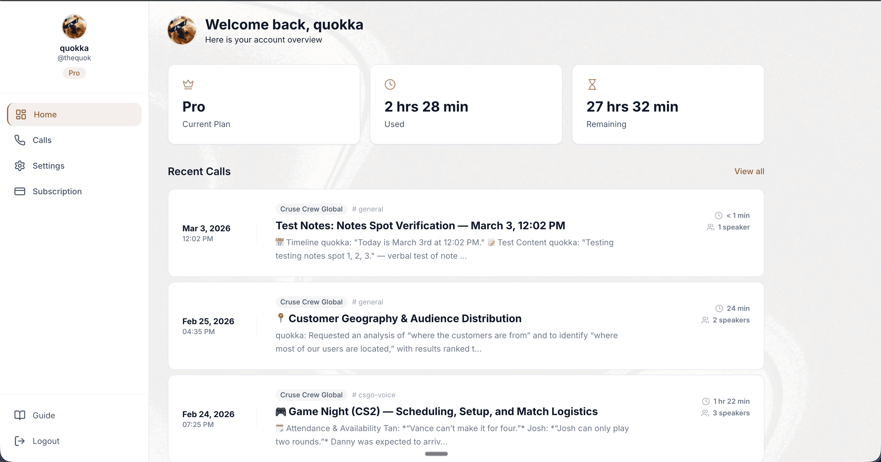 NotesBot dashboard showing call history, transcripts, and audio playback